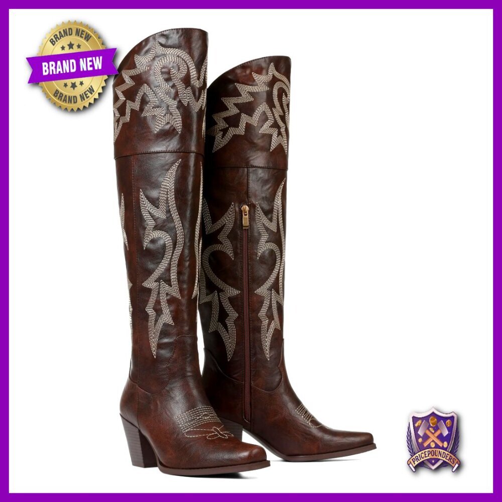 Over The Knee Cowboy Boots Pointed Toe Chunky Heel Embroidered Western - Picture 1 of 6
